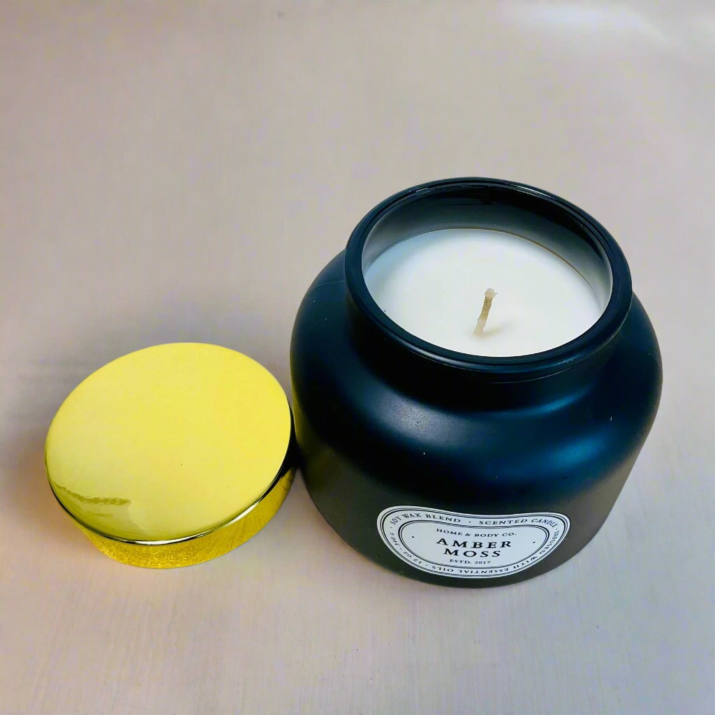 Amber Moss Scented Candle β Jasmine, Moss & Birch Essential Oil Soy Candle, off lid