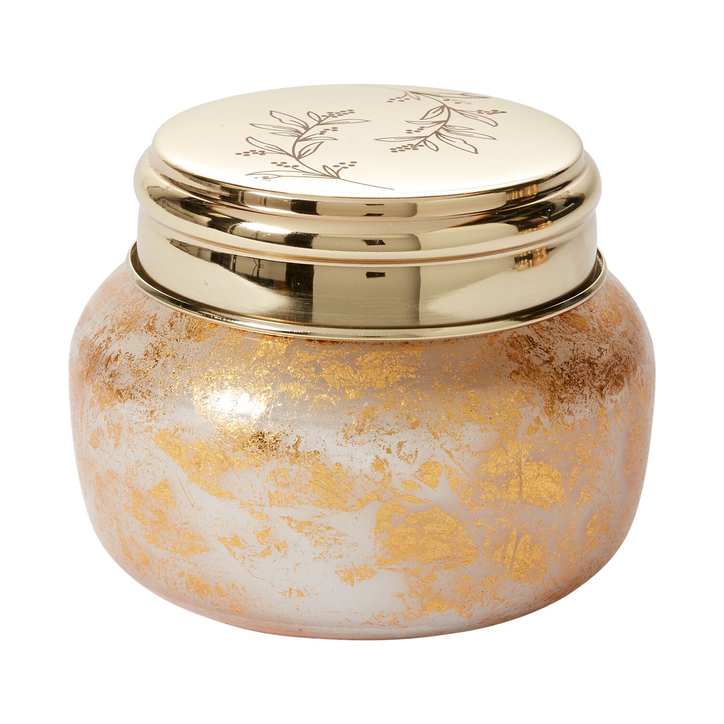 Enchanted Forest Candle in gold glass container with etched lid