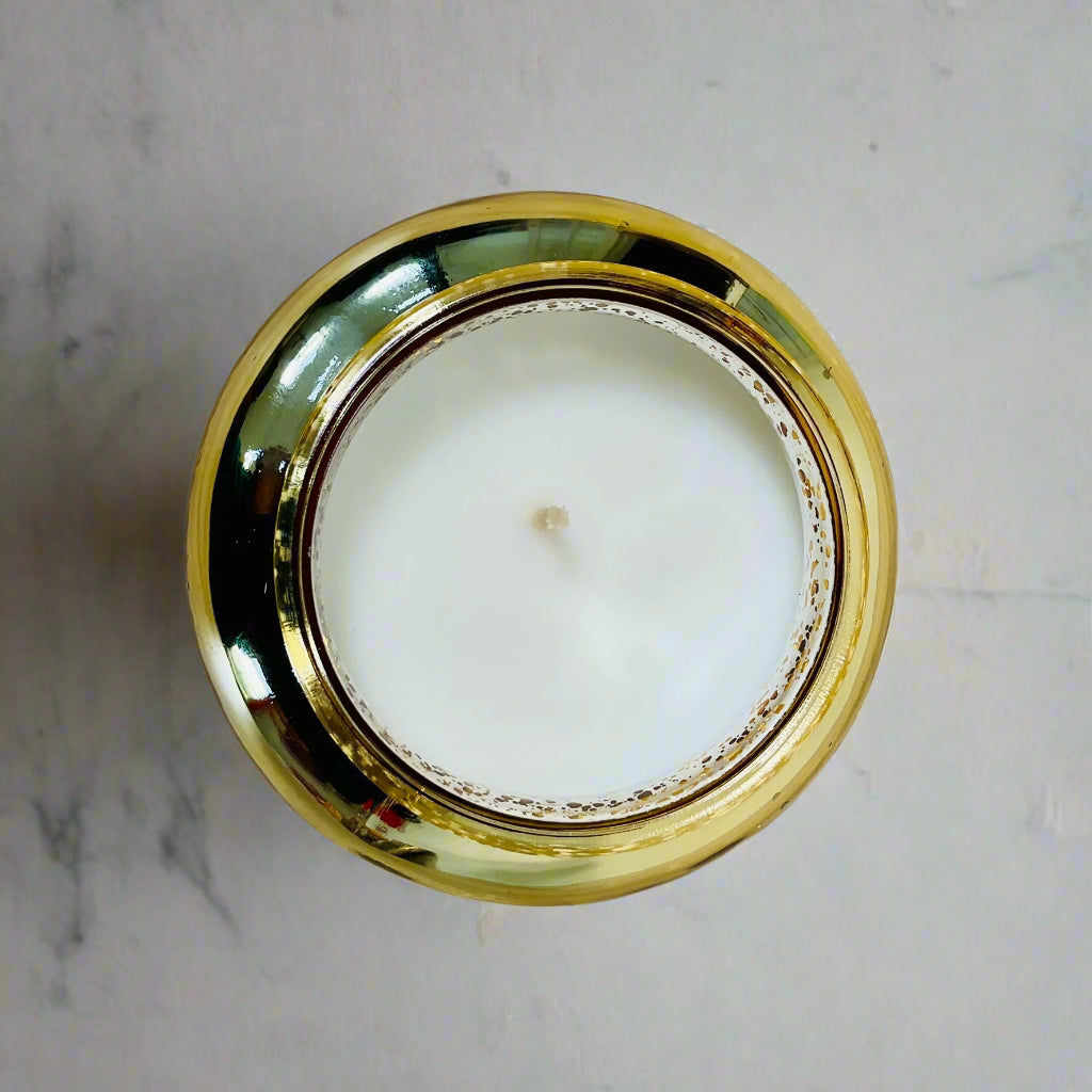 Santal Woods Candle – Coconut, Violet, Leather & Patchouli Scented Soy Candle, top view