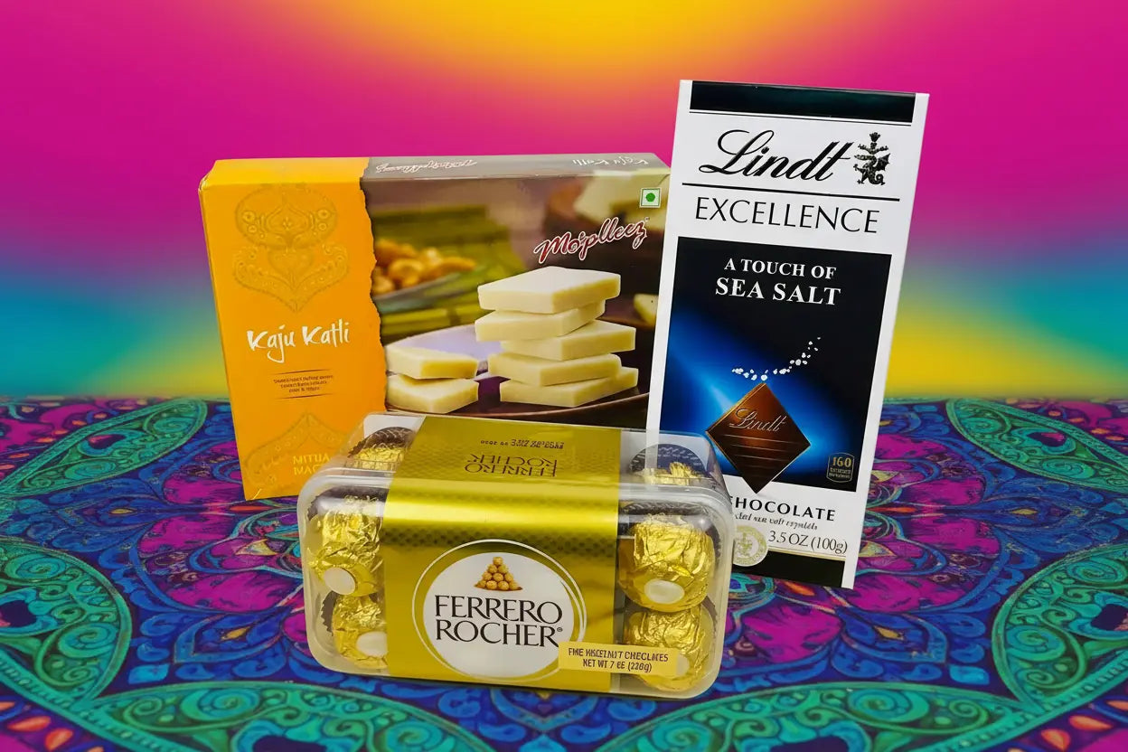 Kaju Katli Indian sweet with Lindt sea salt chocolate and Ferrero Rocher gift box