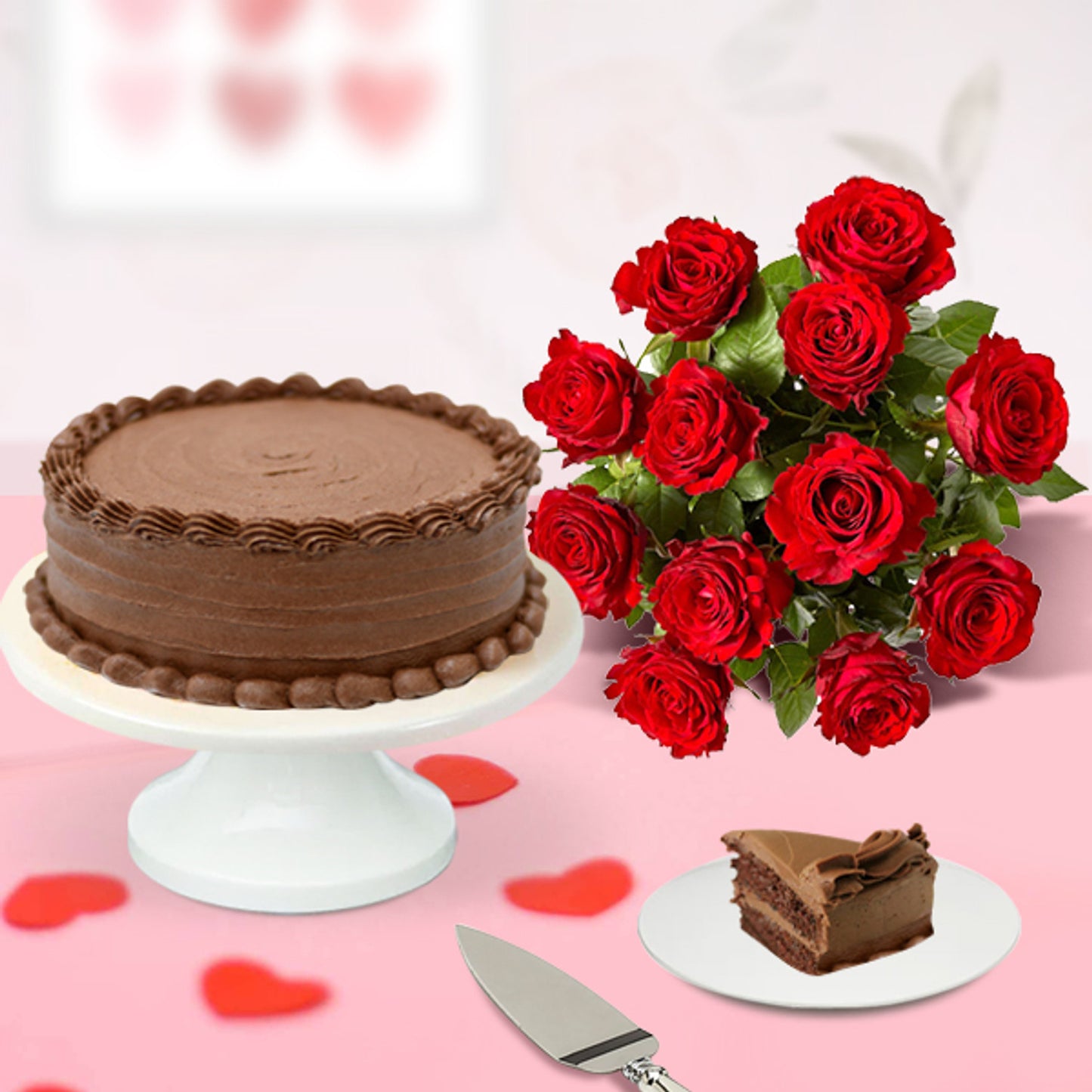 Chocolate cake with a dozen fresh red roses – perfect gift combo