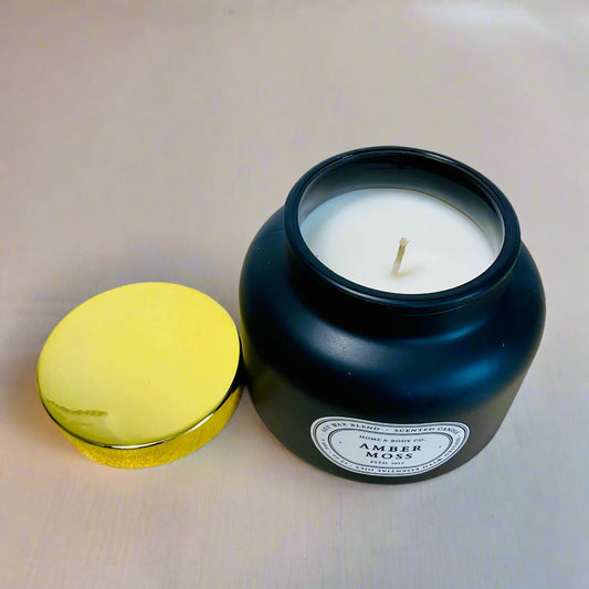 Amber Moss Scented Candle – Jasmine, Moss & Birch Essential Oil Soy Candle, off lid
