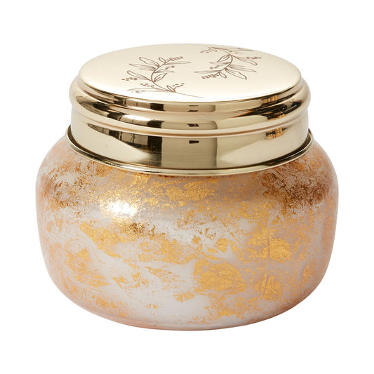 Enchanted Forest Candle in gold glass container with etched lid