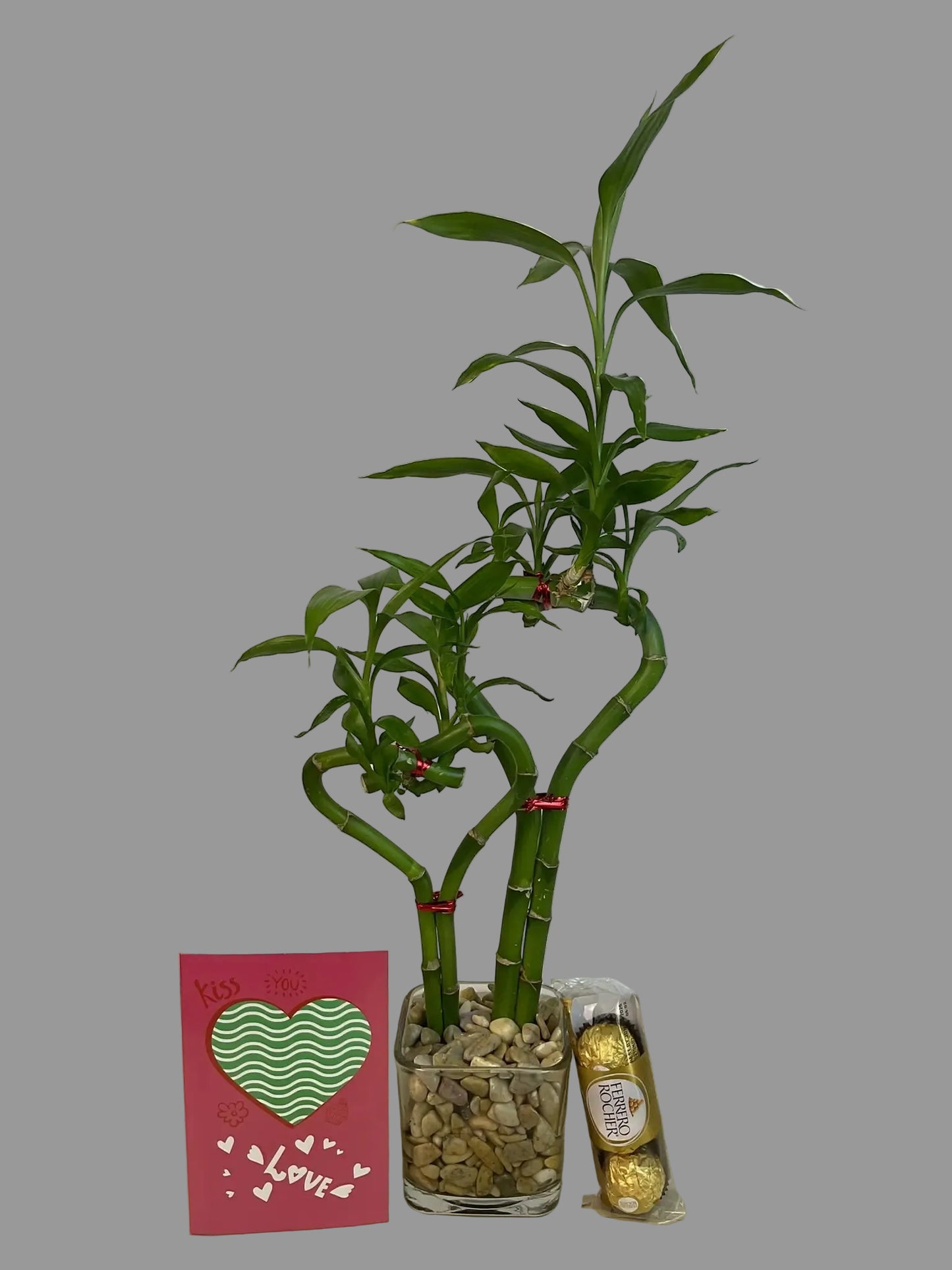 Double heart lucky bamboo with Kiss-Love card and 3 pcs Ferrero Rocher in 3.5 inch square vase 