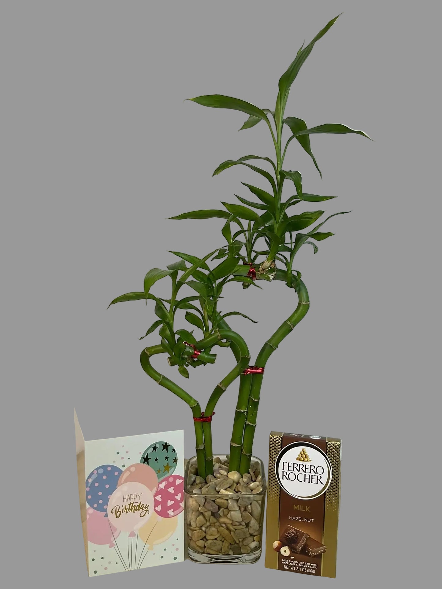 Double heart lucky bamboo with Kiss-Birthday card and Ferrero Rocher Bar in 3.5 inch square vase 