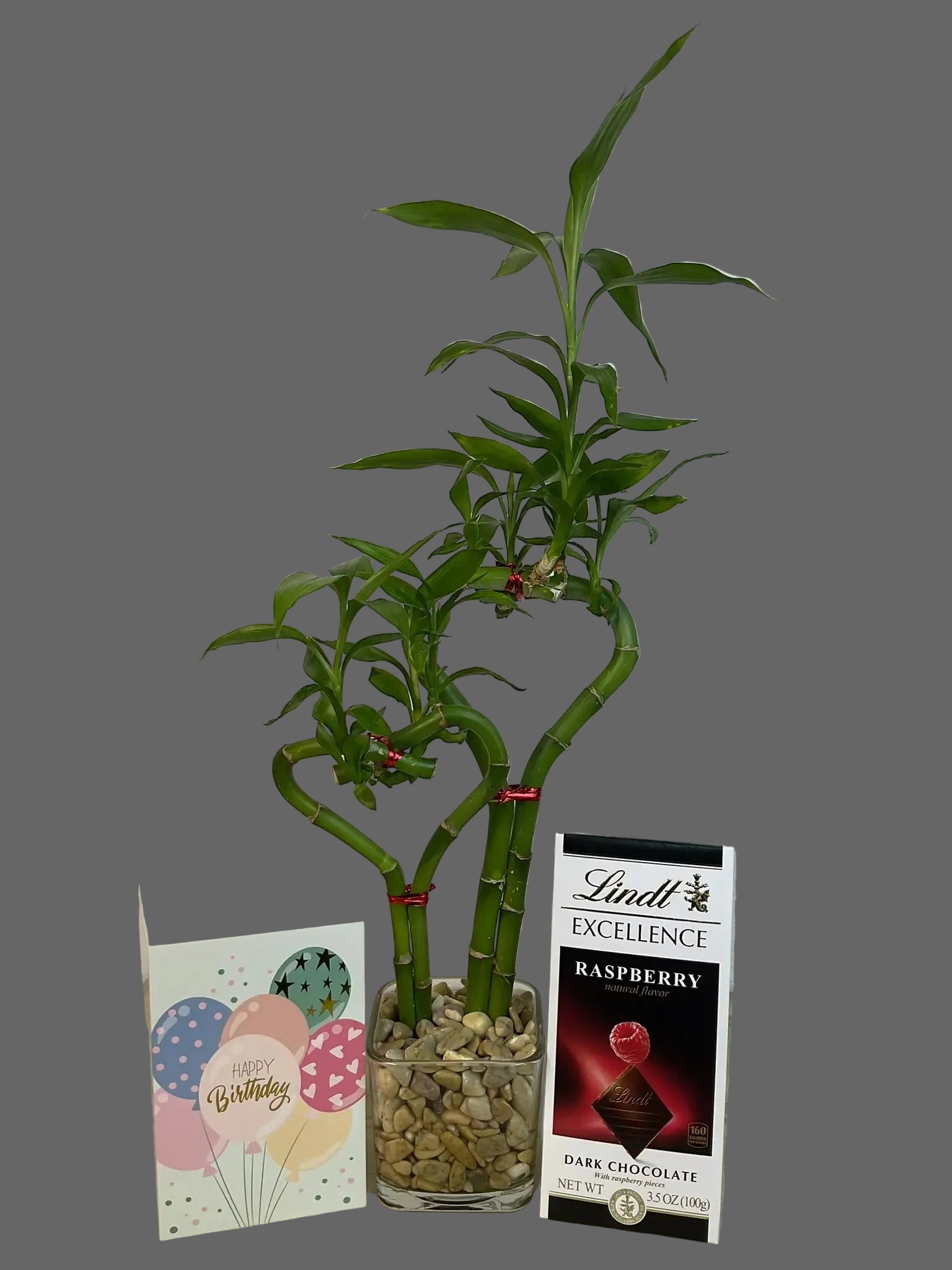 Double heart lucky bamboo with Birthday card and Lindt Raspberry Bar in 3.5 inch square vase 