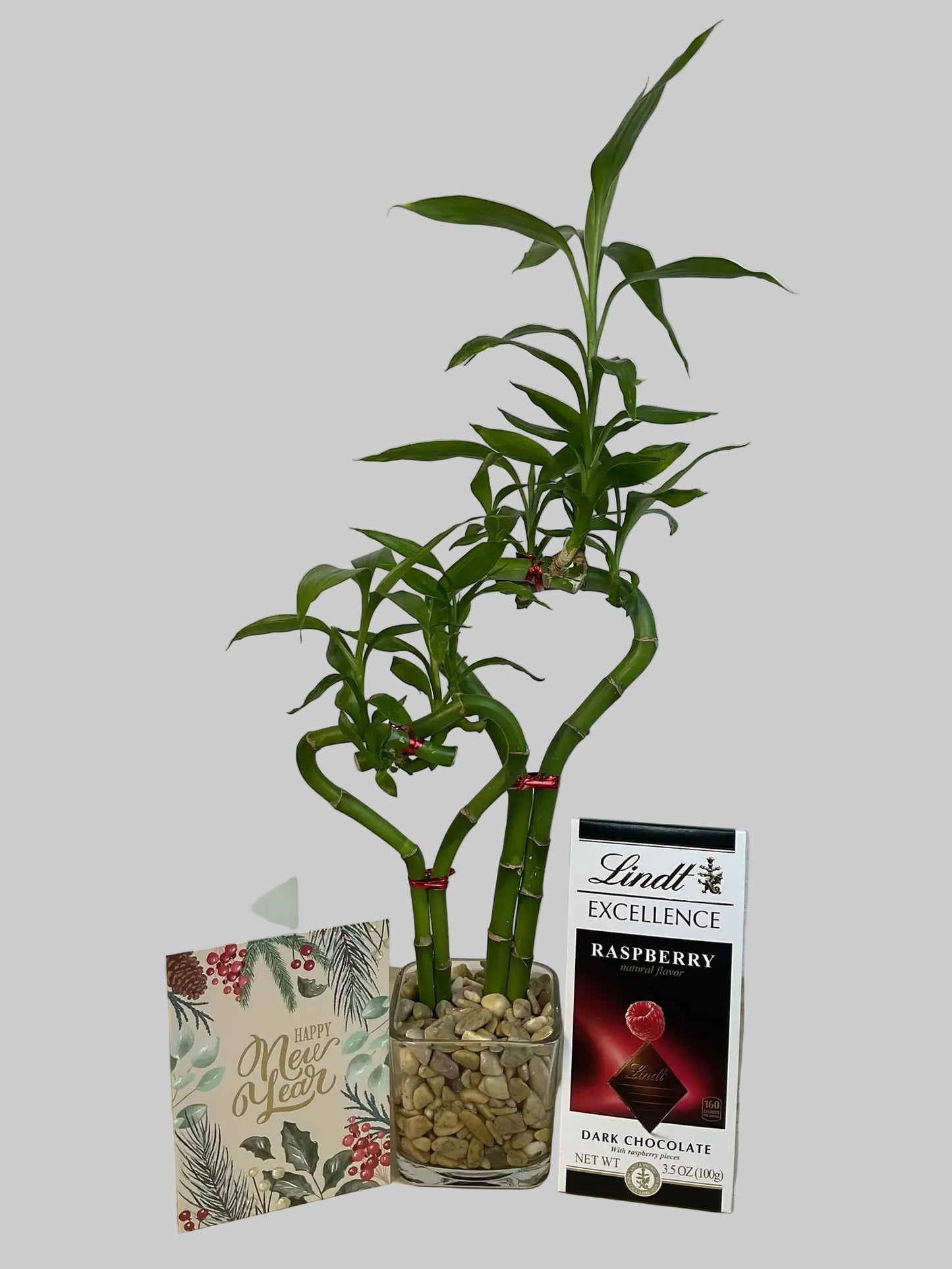 Double heart lucky bamboo with New Year card and Lindt Raspberry Bar in 3.5 inch square vase 