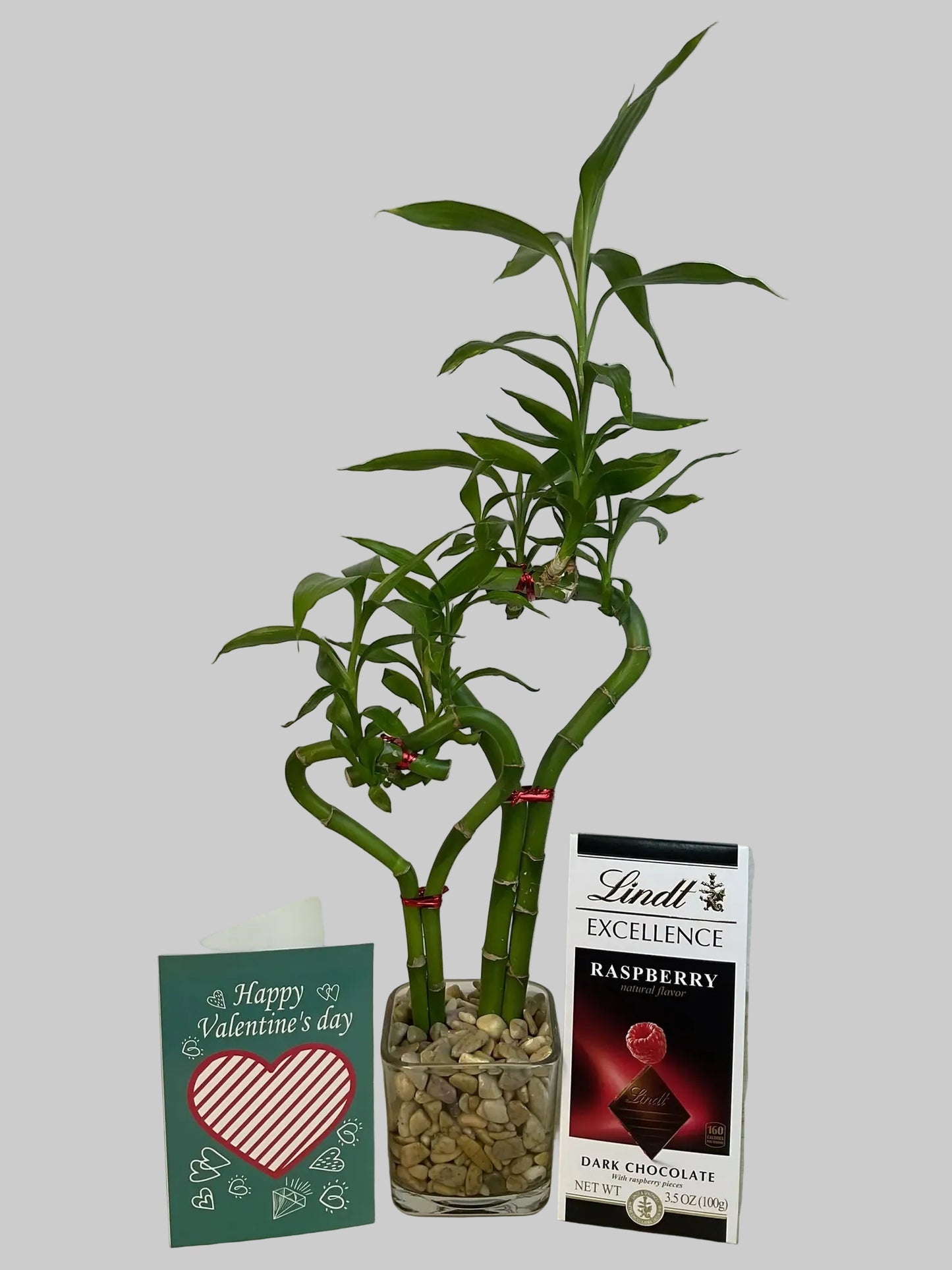 Double heart lucky bamboo with Valentine card and Lindt Raspberry Bar in 3.5 inch square vase