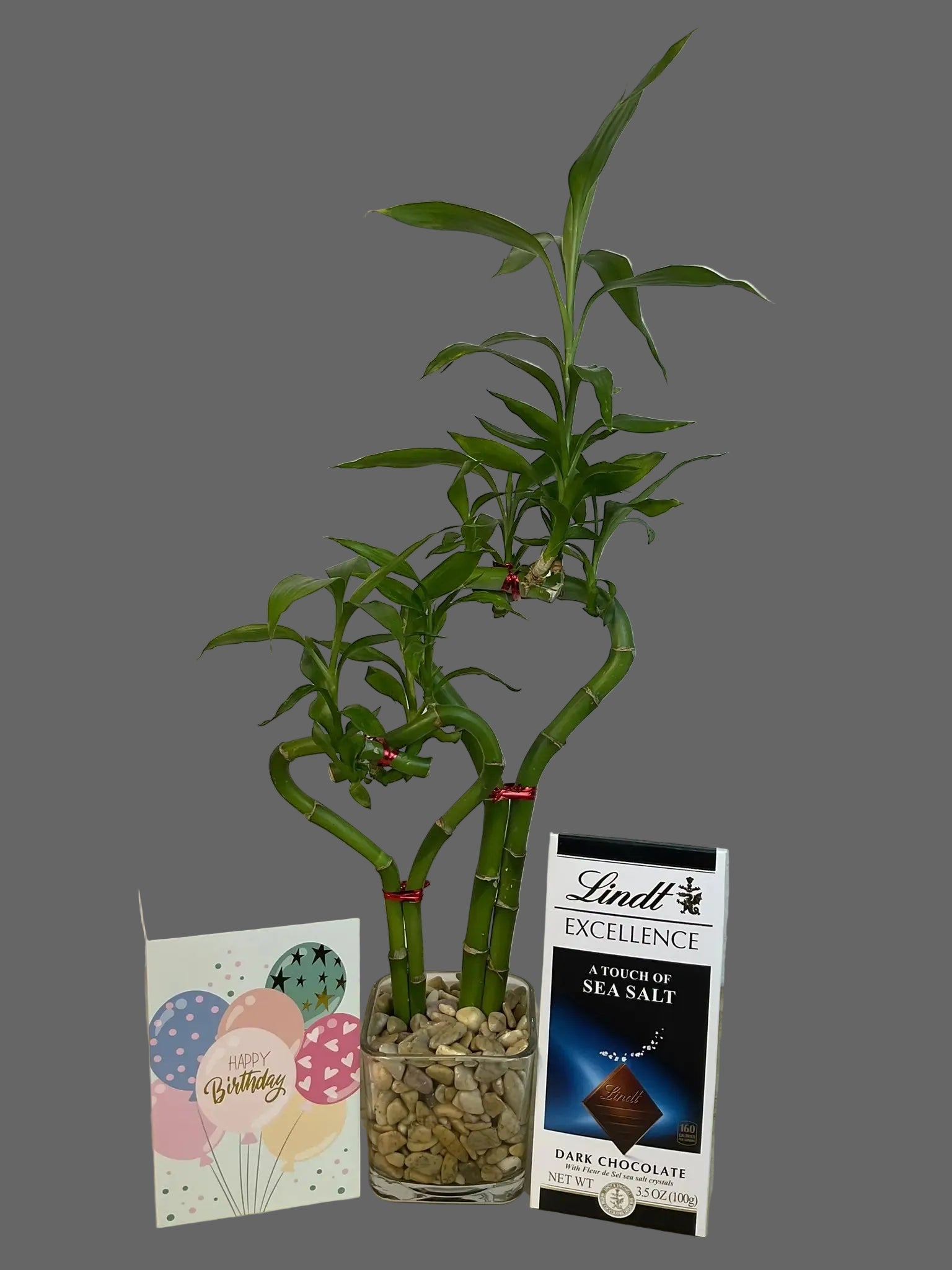 Double heart lucky bamboo with Birthday card and Lindt Sea salt Bar in 3.5 inch square vase 