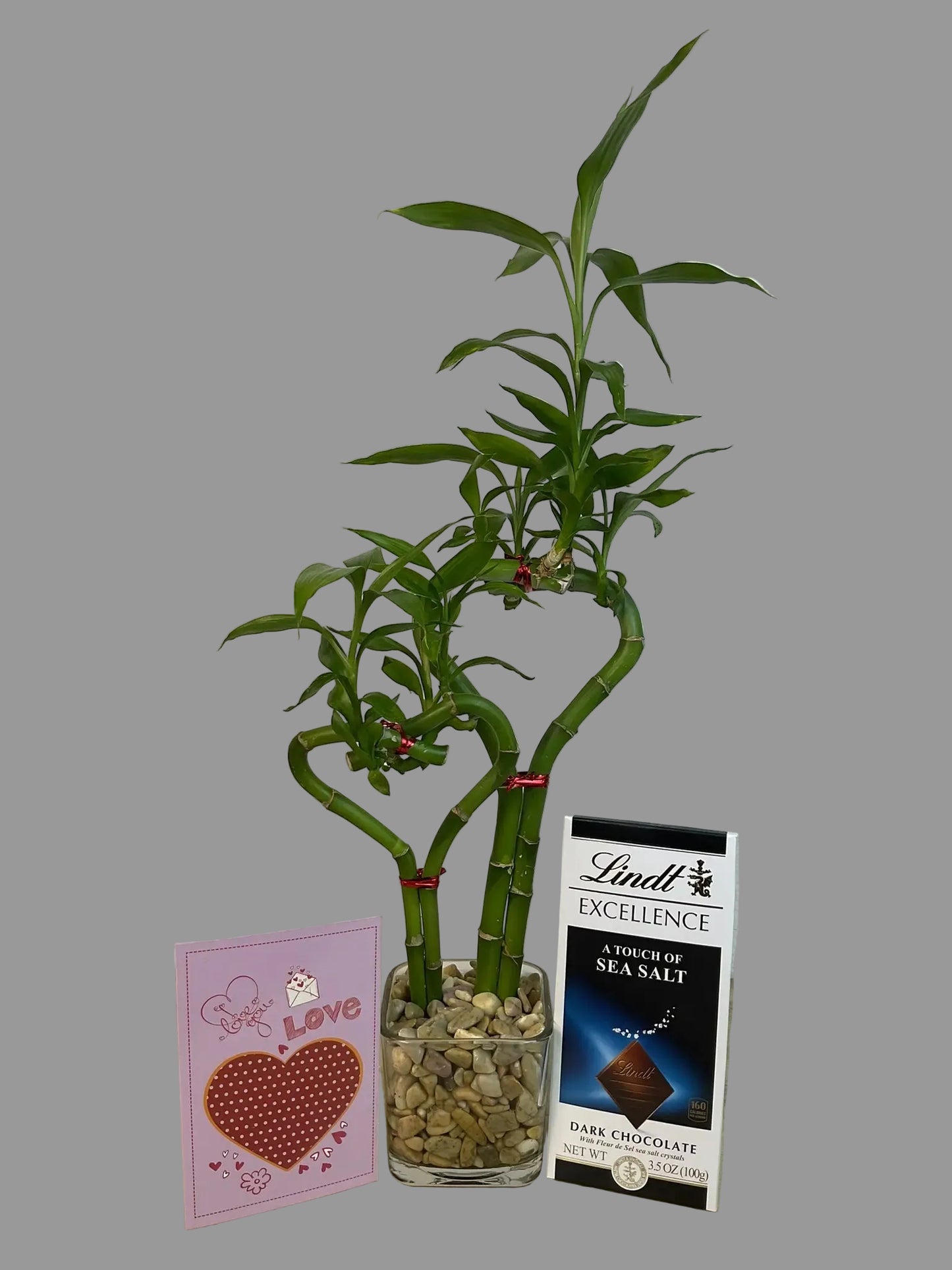 Double heart lucky bamboo with Lindt Sea salt Bar and Love Card in 3.5 inch square vase 