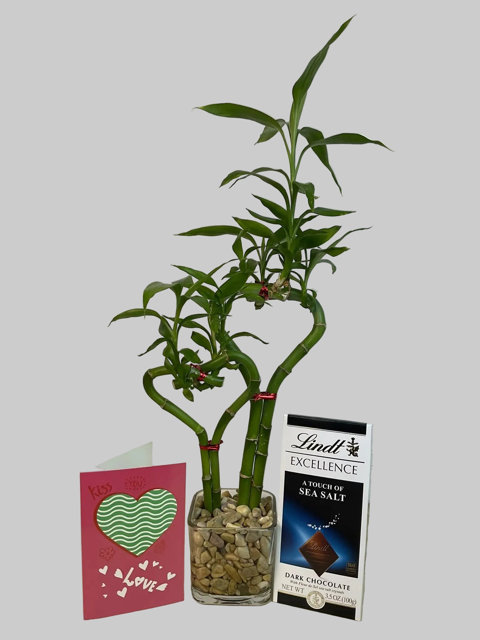 Double heart lucky bamboo with Love card and Lindt Sea salt Bar in 3.5 inch square vase 