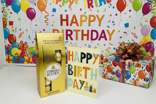 Ferrero Rocher hazelnut chocolates gift box with birthday card