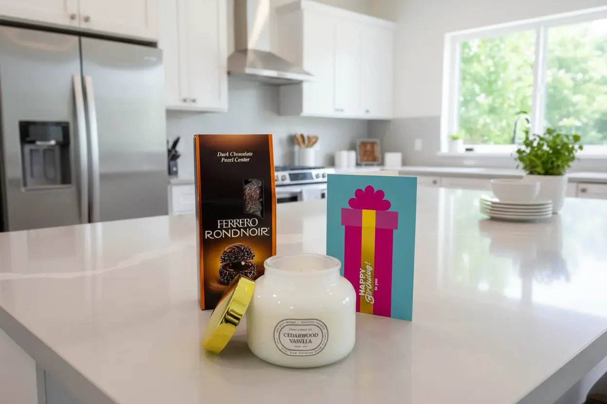 Ferrero Rondnoir + Candle Cedarwood Vanilla + Birthday Card – Birthday Gift