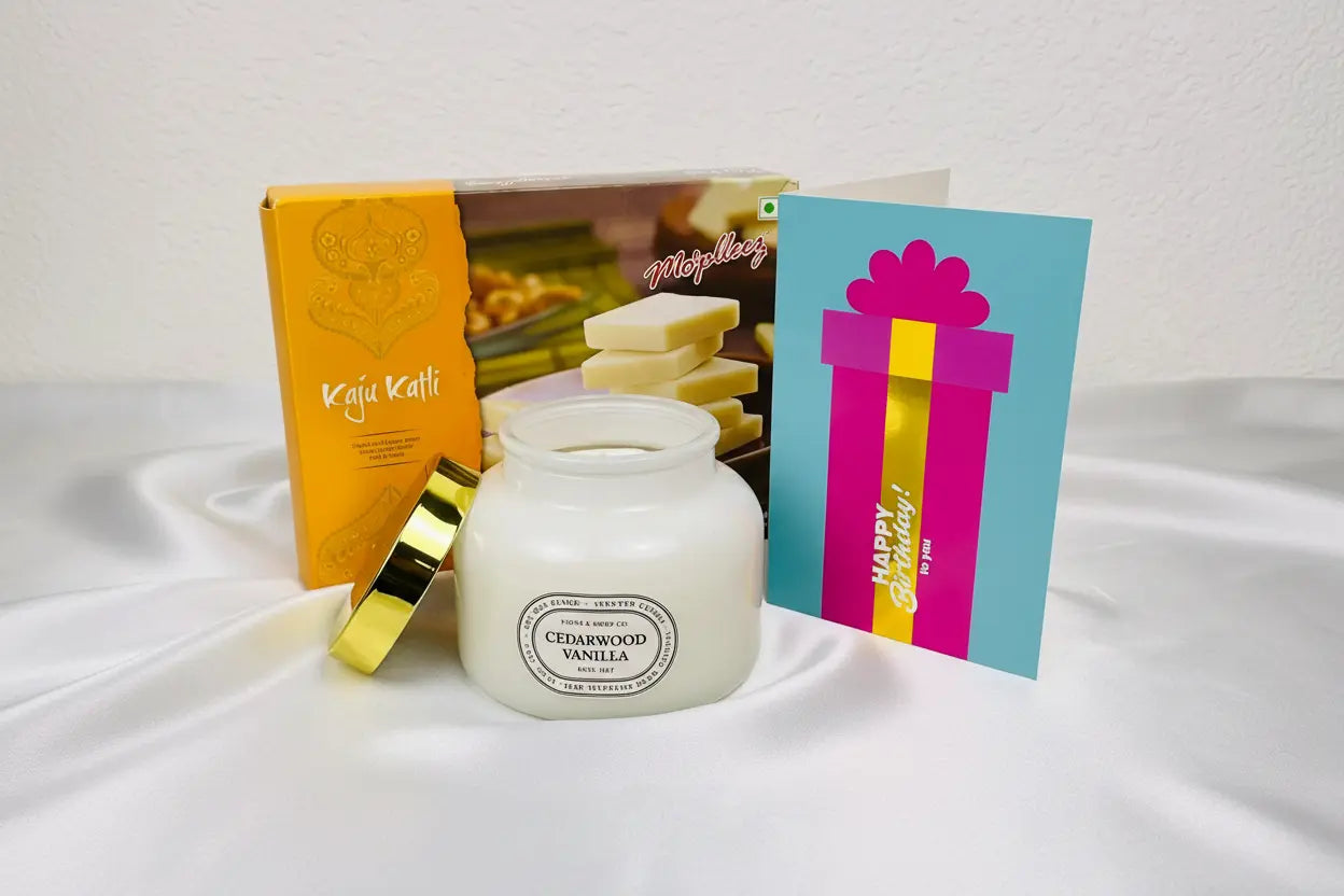 Kaju Katli + Candle Cedarwood Vanilla + Birthday Card – Birthday Gift