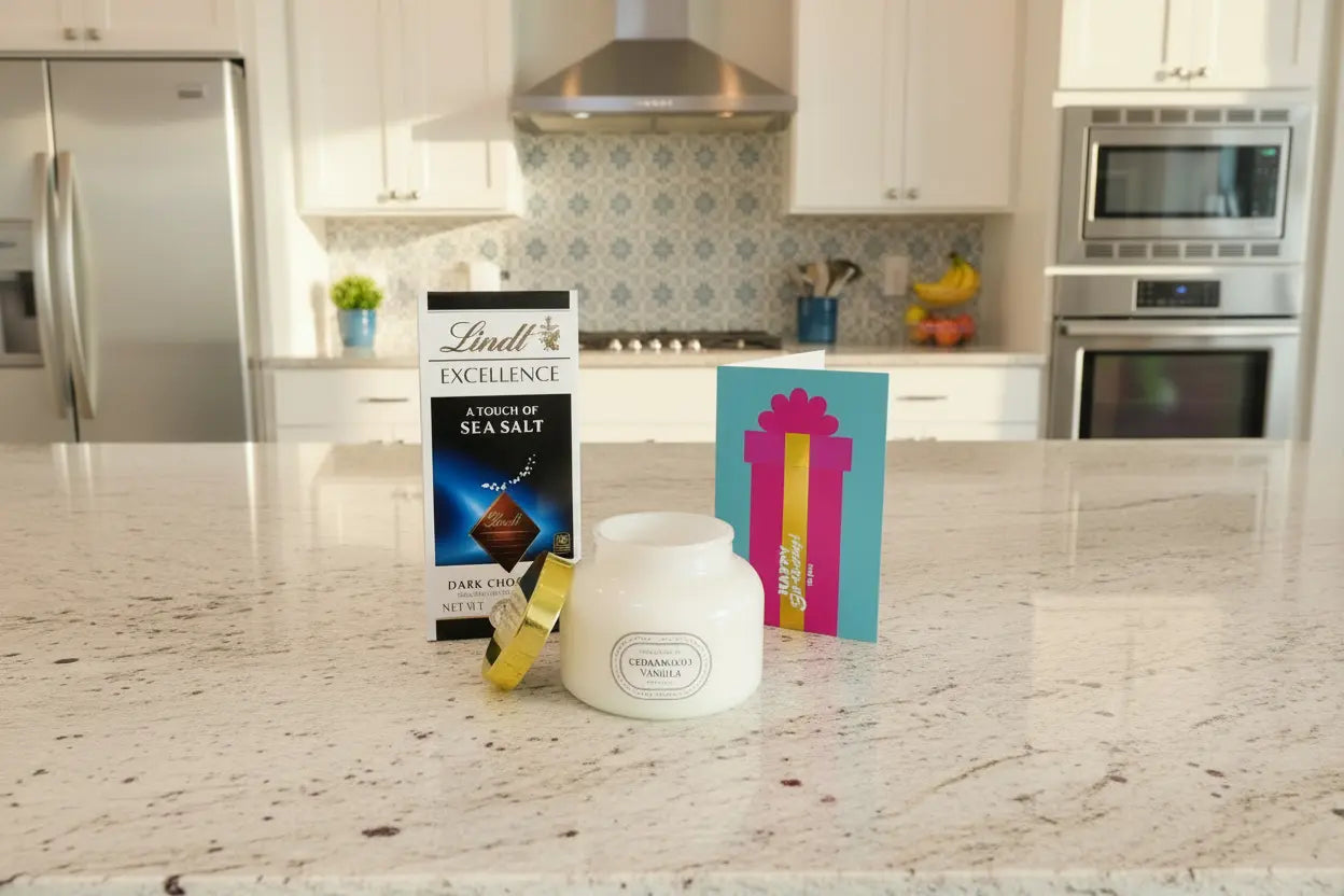 Lindt Sea Salt Bar + Candle Cedarwood Vanilla + Birthday Card – Birthday Gift