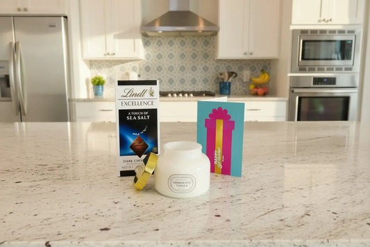 Lindt Sea Salt Bar + Candle Cedarwood Vanilla + Birthday Card – Birthday Gift