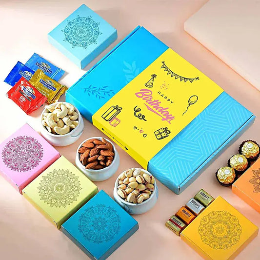 Birthday nut and chocolate gift box with Ferrero Rocher Hershey’s and Ghirardelli chocolates