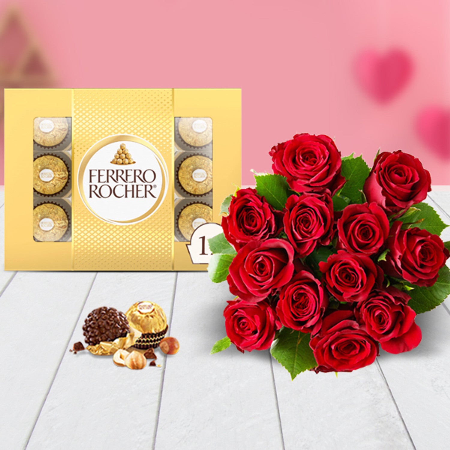 Red roses bouquet with Ferrero Rocher chocolates – romantic gift combo