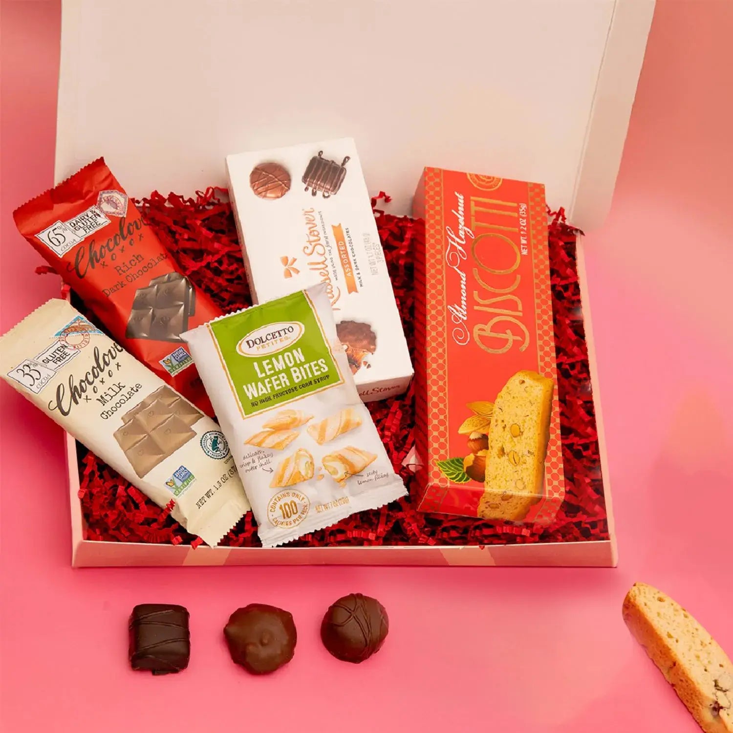 Valentine chocolate and treats gift box with Chocolove Russell Stover biscotti and lemon bites